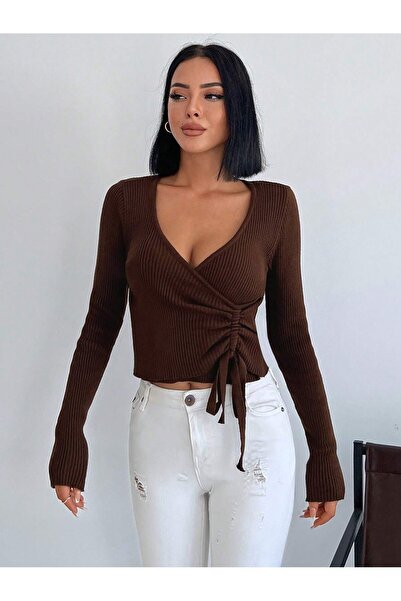 Mandala Tekstil Kadın Kruvaze Acı Kahve Triko Kazak