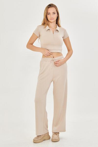 TRENDHİLL Women's Stretchy Modal Fabric Polo Neck T-Shirt Beige 8508-B