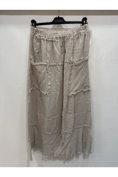 della moor Beige Italian Elastic Waist Tasseled Long Linen Skirt
