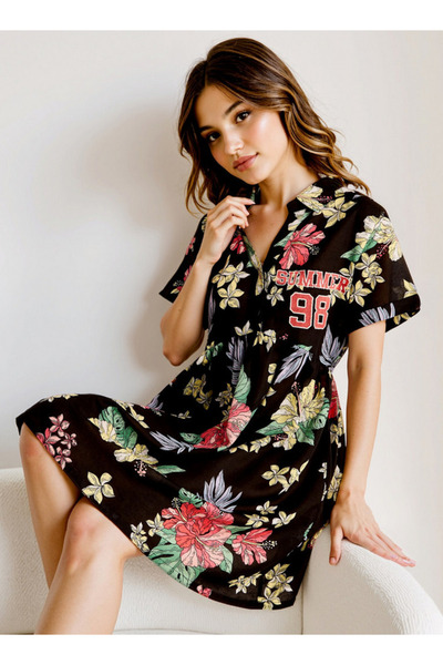 FAV فستان نوم بطبعات الأزهار مع طوق وأكمام قصيرة