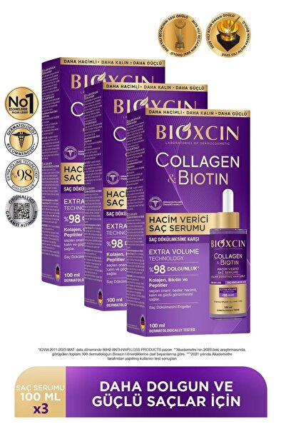 Bioxcin Collagen & Biotin Extra Volume Serum 3X100 ml - Collagen Biotin Thin Sparse Hair