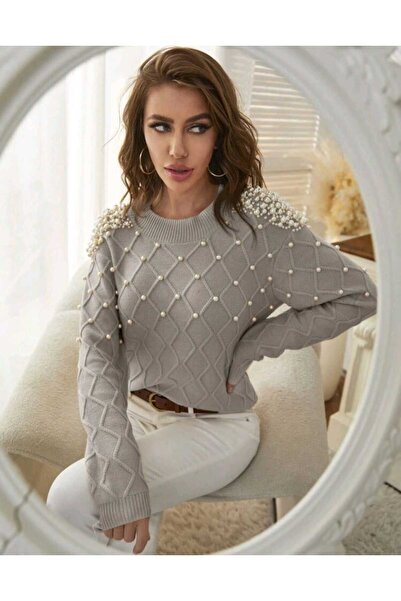 H&E LUXURY DESIGN Γυναικείο πλεκτό πουλόβερ με λεπτομέρειες με χάντρες