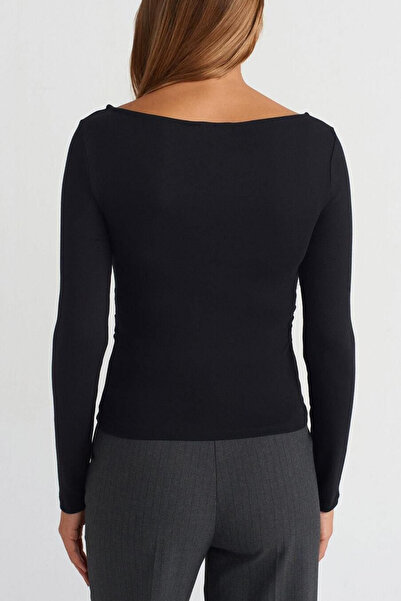 Tarz Cool Women's Wide Neckline Long Sleeve Stretchy Cotton Textured Fit Basic Blouse