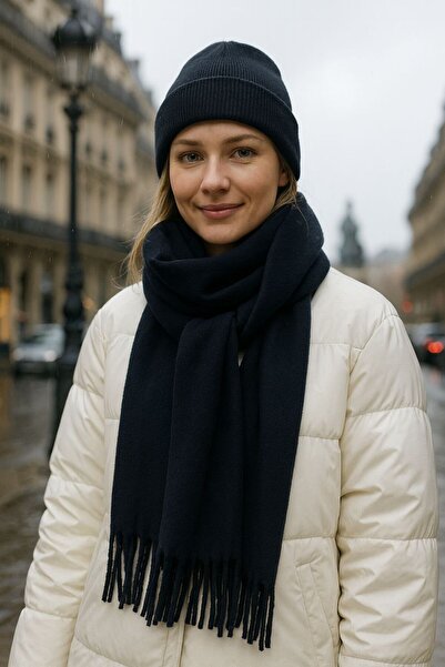 BALIENTE Navy Blue Boucle and Acrylic Tassel Scarf Beanie Set of 2