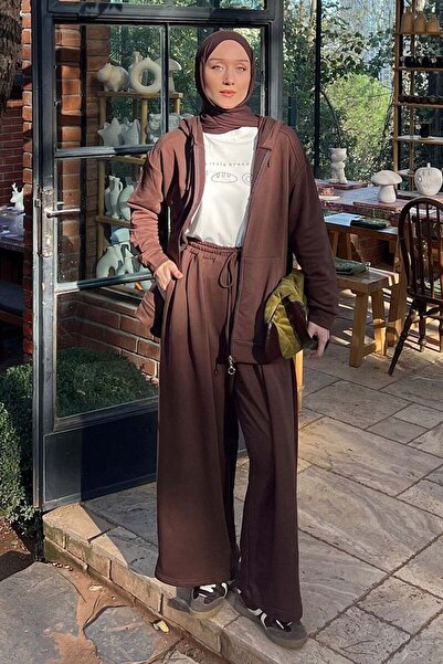 Ceylan Otantik Acı Kahve 3 Thread Long Zippered Tracksuit Set