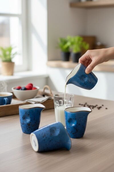 KÜTAHYA HOME Porcelain Milk Jug Set of 3 – Barista Type Coffee Milk Jug Mini Pitcher Blue