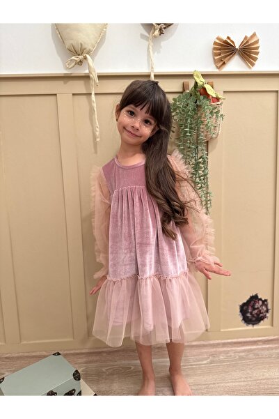 penu baby kids Fusta pudrată cu volane la capăt, cu mâneci lungi din tul, țes...