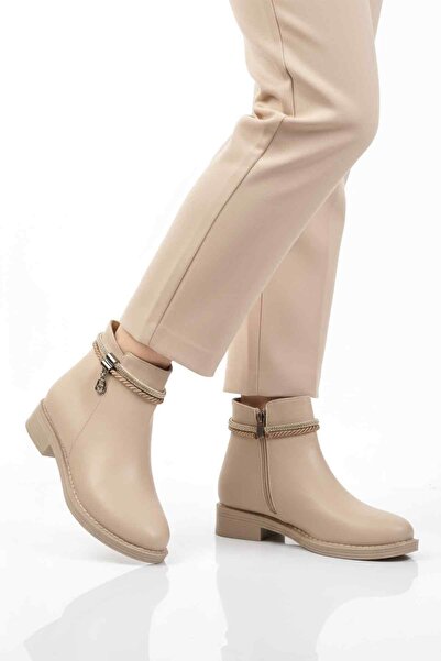 AYAKMOD Beige Leather Zippered Non-Slip Boots 325126 Z