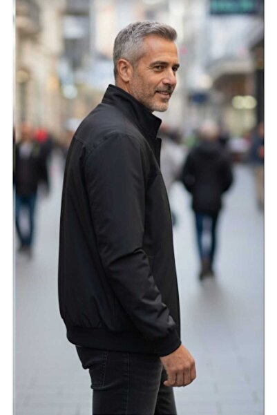 güncüoğlu Men's Seasonal Coat with Stand-Up Collar, Zippered Bottom and Ribbed Sleeves