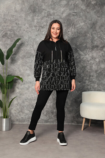 YMN COLLECTİON KADIN BÜYÜK BEDEN KAPÜŞONLU FERMUARLI GARNİLİ FLETO CEP TAŞ SÜ...