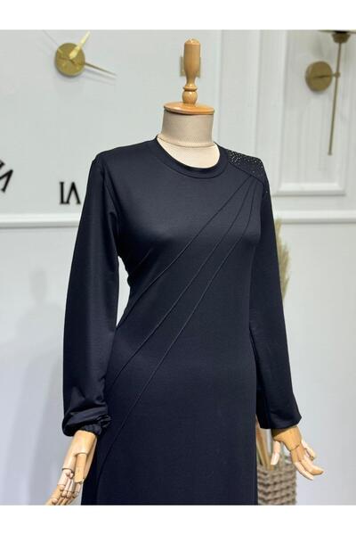 ModaMinar Women's Crystal Combed Cotton Fabric Piped Collar Stone Detailed Dress