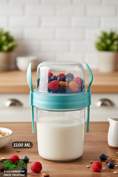 ELDİPA Mega Boy 1100 ml Diet Nutrition Container Double Compartmented with Spoon for Muesli Yogurt Salad Carry Container