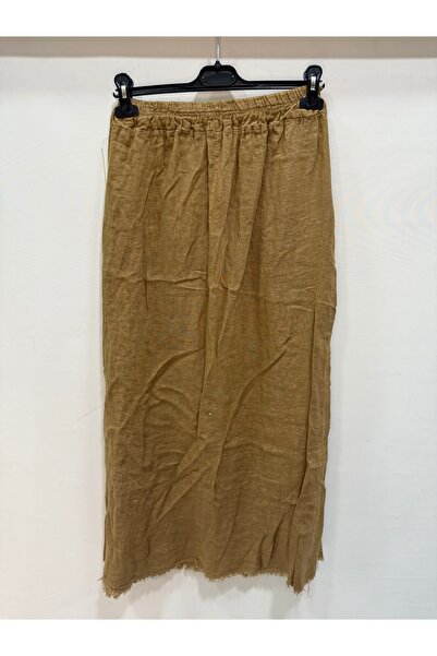 della moor Camel Italian Elastic Waist Tasseled Long Linen Skirt