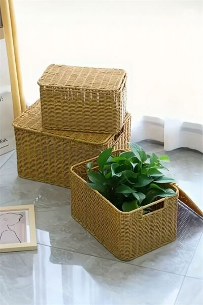 Bayev Crate 700789 Set of 3 Rattan Decorative Box Baskets with Lids - 3 Sizes Wicker Organizer Bins with Handles