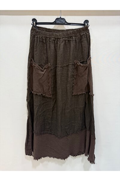 della moor Brown Italian Elastic Waist Tasseled Long Linen Skirt