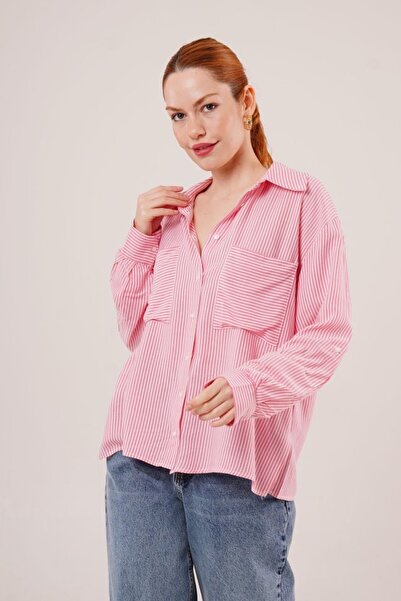 Queene Dreams Bat Sleeve Striped Pocket Detailed Pink Shirt