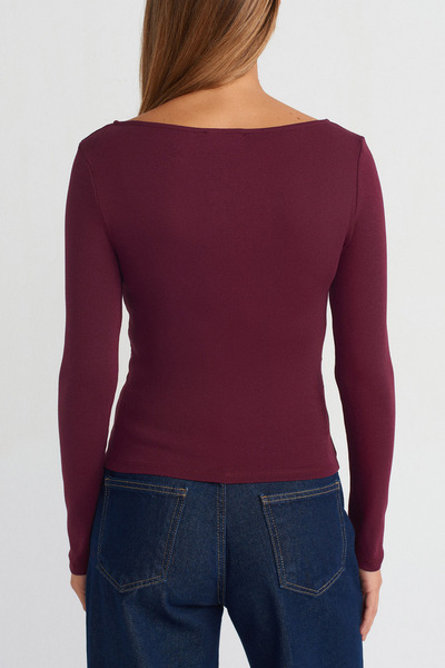 Tarz Cool Women's Wide Neckline Long Sleeve Stretchy Cotton Textured Fit Basic Blouse