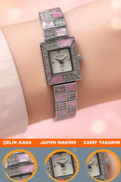 Rubenis Stone Detailed Vintage Steel Case Women Wristwatch Ls931