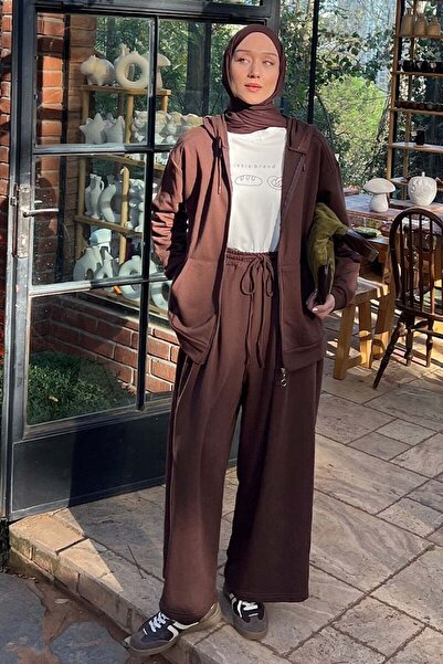 Ceylan Otantik Acı Kahve 3 Thread Long Zippered Tracksuit Set