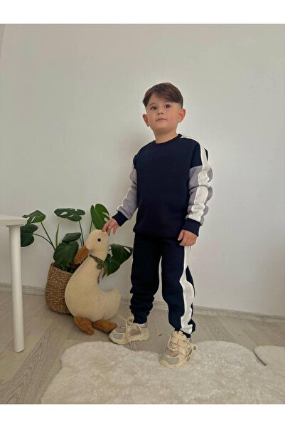 YUMİYUMM 3-10 Years Old Boy's Navy Blue-White Striped 3 Thread Fleece-Lined W...
