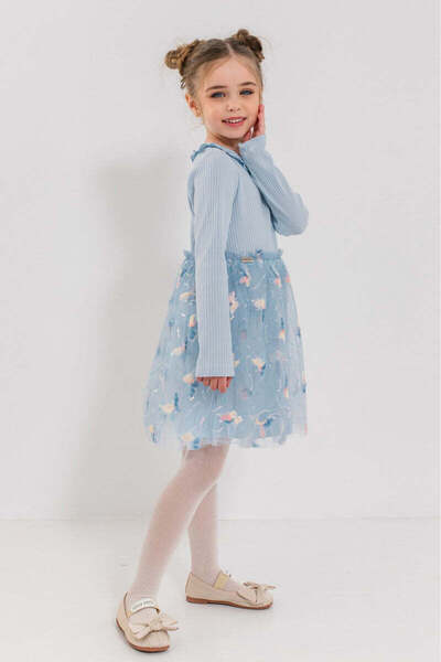 SOLLUXE ZHUZHANNA - Elegant cotton dress with embroidered tulle and butterflies, blue, 134