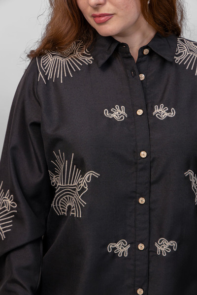 LINELLE Ladies Cord Set–Soft Crepe Black Shirt with Embroidery Full Sleeves and Solid Black Pant