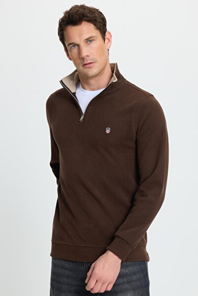 Tudors Men's Slim Fit Slim Fit Cotton Thessaloniki Fabric Mock Neck Brown Sweatshirt