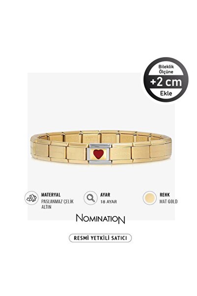 NOMİNATİON Italy Composable 18 Ayar Altın Kare Kırmızı Büyük Kalp Ve Çelik Bi...