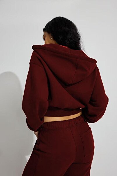 Madmext Burgundy Crop Hooded Zippered Women's Sweatshirt Mg2608
