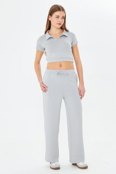 TRENDHİLL Women's Flexible Modal Fabric Polo Neck T-Shirt Gray 8508-g