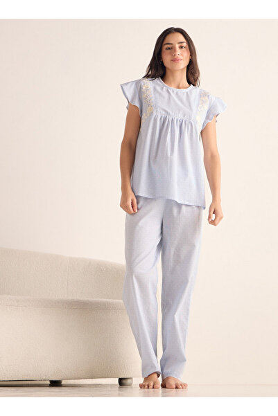 FAV طقم بيجاما وقميص قطني مطرز برقبة دائرية