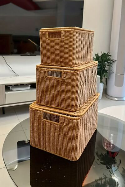 Bayev Crate 700789 Set of 3 Rattan Decorative Box Baskets with Lids - 3 Sizes Wicker Organizer Bins with Handles