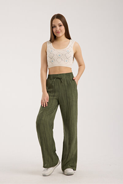 MRS.MODA Linen Fabric High Waist Striped Elastic and String Lace-Up Waist Detailed Trousers