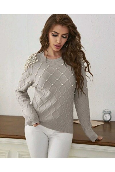 H&E LUXURY DESIGN Γυναικείο πλεκτό πουλόβερ με λεπτομέρειες με χάντρες