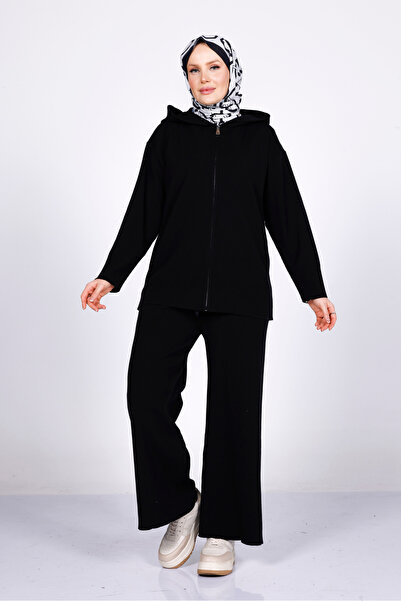 My City 44126 - Stylish Comfortable Soft Textured Knitwear Pants with Zipper, Hooded Cardigan Women's Set