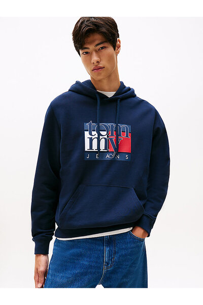 Tommy Hilfiger Férfi logóval nyomtatott kapucnis pulóver – sötétkék