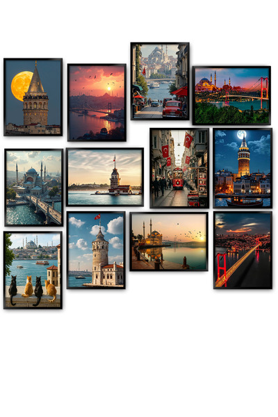TABLOX 12 Piece Istanbul Landscape Mdf Wood Decorative Painting Set Gift Wall Ornament