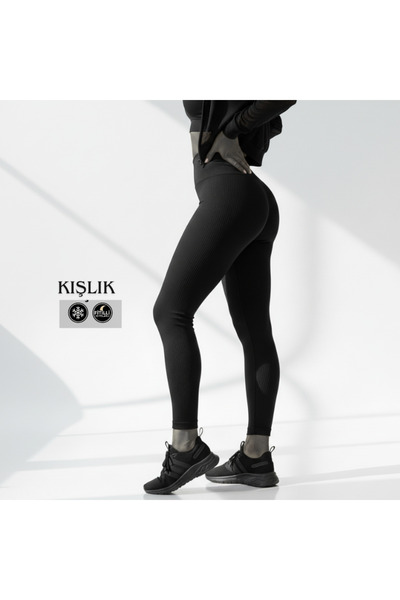 mezozoik Şardonlu Yüksek Bel Kışlık Kaşkorse Yan Dikişsiz Fitilli Spor Tayt