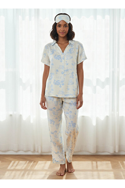 FAV طقم بيجامة مكون من توب وبنطلون مع قناع للعين من الفيسكوز