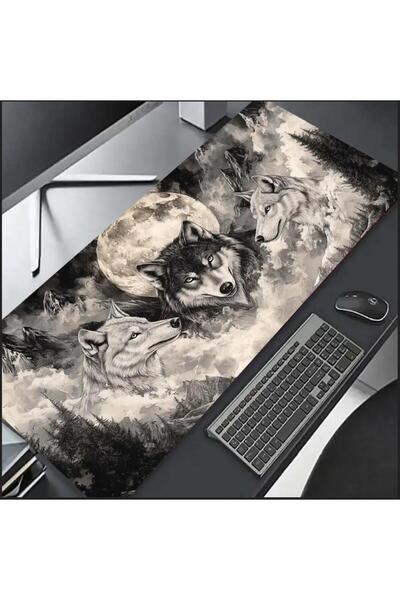 sgeteknoloji Sge Technology 85X34 cm Moon and Wolf Themed Anti-Slip Base Speed Surface Gaming Mouse Pad