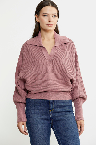Sementa Bat Sleeve Polo Neck Wool Knit Sweater - Rose