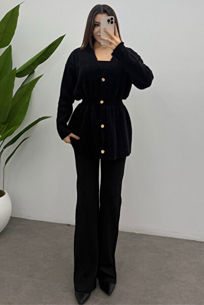 Bipantolon Women's Black Gold Snap Detailed Soft Knitwear Cardigan