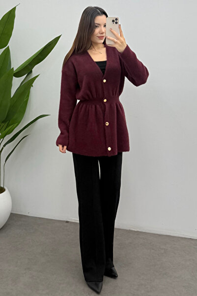 Bipantolon Women's Burgundy Gold Snap Detailed Soft Knit Cardigan