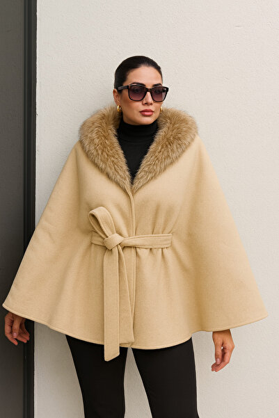 BEGBOR LİNGERİE Women's Fur Collar Poncho with Cashmere Belt – Stylish Winter Model
