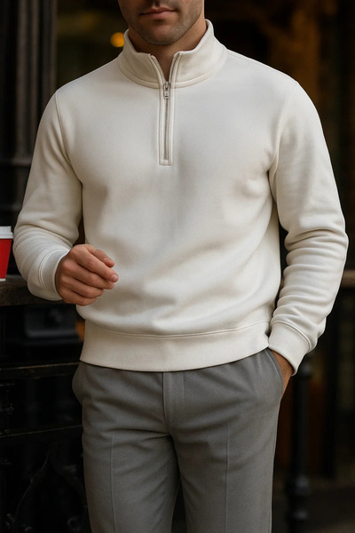 DAMGA JEANS Erkek Premium Kışlık Beyaz Fermuarlı Sweatshirt