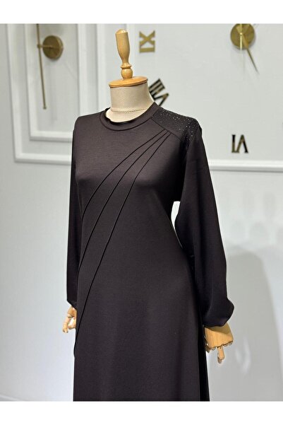 ModaMinar Women's Crystal Combed Cotton Fabric Piped Collar Stone Detailed Dress