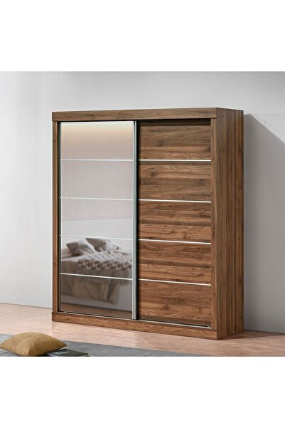 Danube Home خزانة ملابس كبيرة جديدة من Supreme ذات بابين وباب منزلق مع مرايا - خشب الجوز الفاتح، 182×57.5×210 سم