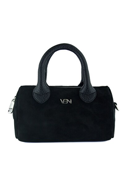 Erkan Saçmacı Black Genuine Cowhide Suede Zippered Small Size Daily Shoulder Bag with Strap and Inner Pocket