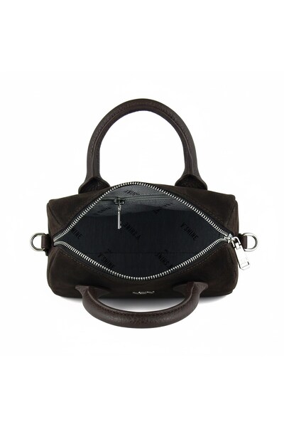 Erkan Saçmacı Brown Genuine Cowhide Suede Zippered Small Size Daily Shoulder Bag with Hanging Inner Pocket