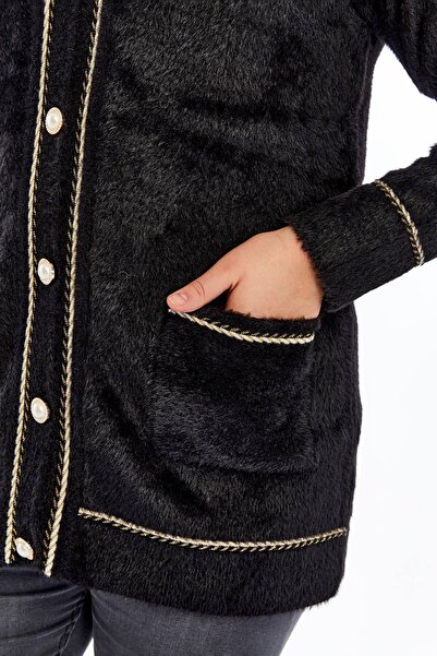 Laden Knitwear Women's Bearded Rope Sim Detailed Thick Coat Winter Mother Cardigan